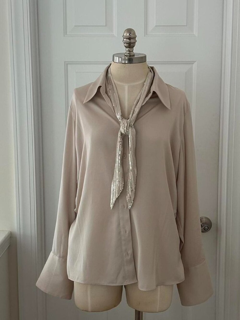 Banana Republic cream blouse with sequin scarf